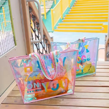Best Selling Products 2025 Colorful String Handle XL Large Summer Beach Holographic Pvc Tote Shopping Bag