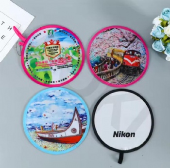 Custom printed Nylon Flying Folding Hand Fan, children beach toy folding flying disc foldable with Pouch